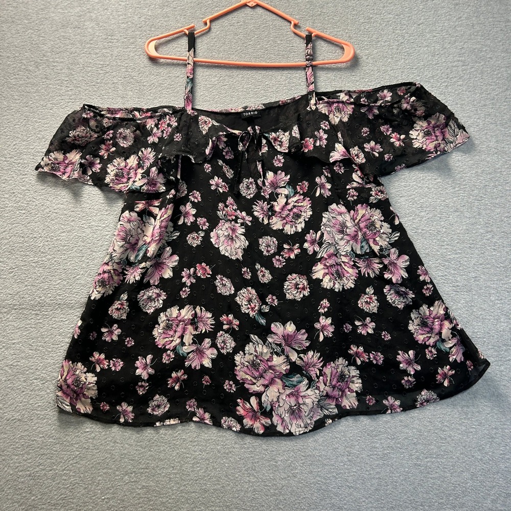 Torrid Off Shoulder Blouse Womens 3X Black Pink Floral Boho Plus Size Top